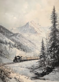 A winter poster featuring a steam train traveling through a snow-covered mountain valley.-7