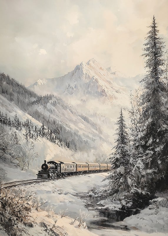 A winter poster featuring a steam train traveling through a snow-covered mountain valley.-12