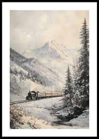 A winter poster featuring a steam train traveling through a snow-covered mountain valley.-0