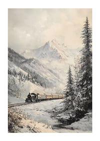 A winter poster featuring a steam train traveling through a snow-covered mountain valley.-1