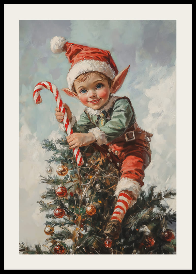 Un cartel navideño con un Papá Noel sentado en un árbol de Navidad con un lunar en la mano.-12