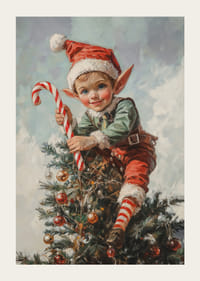 Un cartel navideño con un Papá Noel sentado en un árbol de Navidad con un lunar en la mano.-3