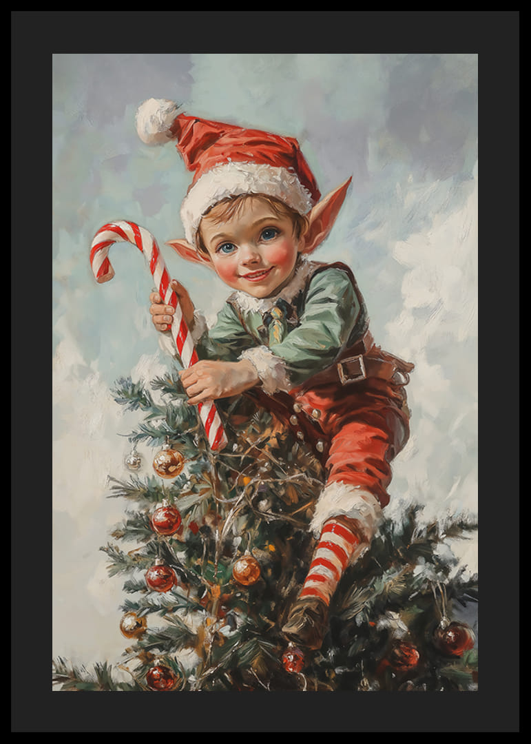 Un cartel navideño con un Papá Noel sentado en un árbol de Navidad con un lunar en la mano.-12