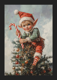 Un cartel navideño con un Papá Noel sentado en un árbol de Navidad con un lunar en la mano.-5