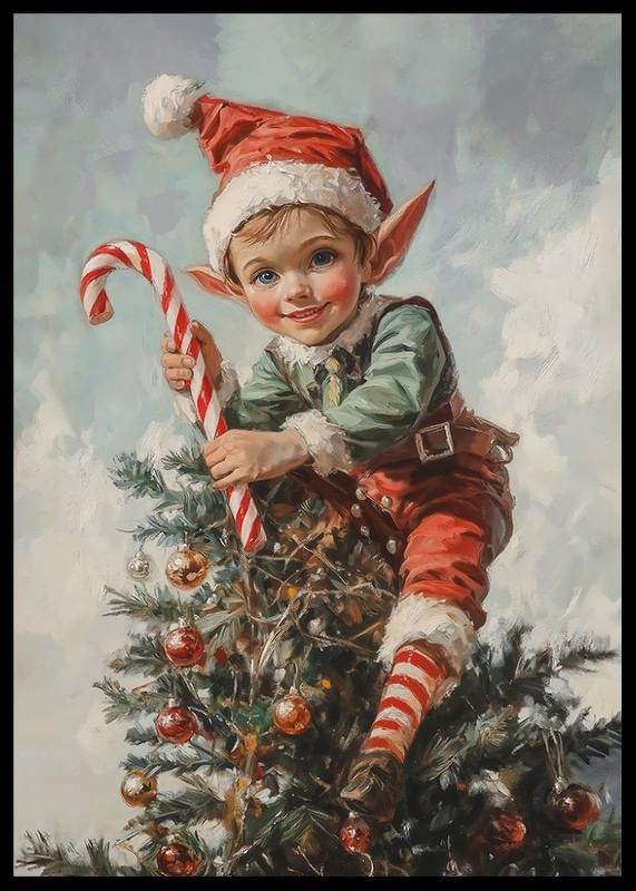 A Christmas poster with a Santa Claus sitting on a Christmas tree with a polka dot in his hand.-12