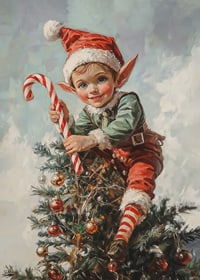 A Christmas poster with a Santa Claus sitting on a Christmas tree with a polka dot in his hand.-7
