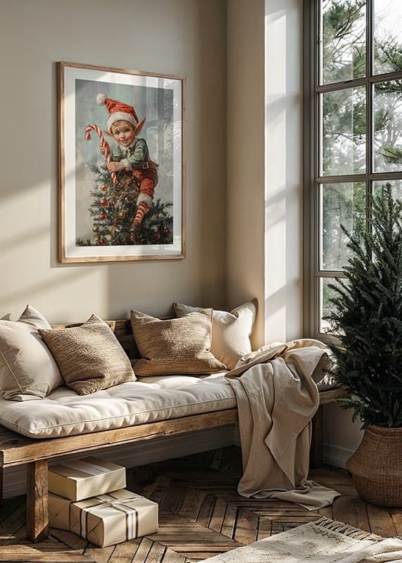 A Christmas poster with a Santa Claus sitting on a Christmas tree with a polka dot in his hand.-12