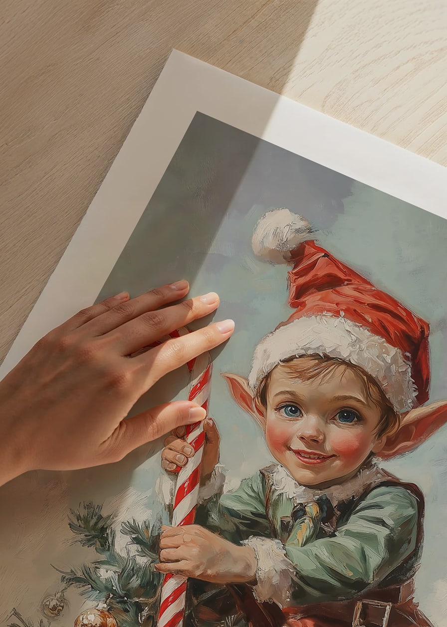 A Christmas poster with a Santa Claus sitting on a Christmas tree with a polka dot in his hand.-12
