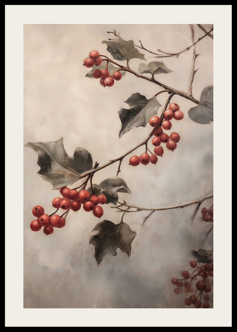 Egy téli poszter piros bogyós gyümölcsök gallyakkal és zöld levelekkel ködös háttér előtt.-12