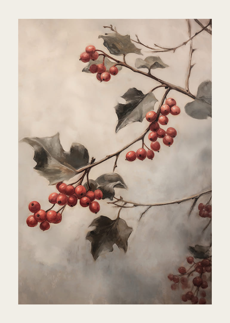 Egy téli poszter piros bogyós gyümölcsök gallyakkal és zöld levelekkel ködös háttér előtt.-12