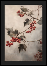 Egy téli poszter piros bogyós gyümölcsök gallyakkal és zöld levelekkel ködös háttér előtt.-4