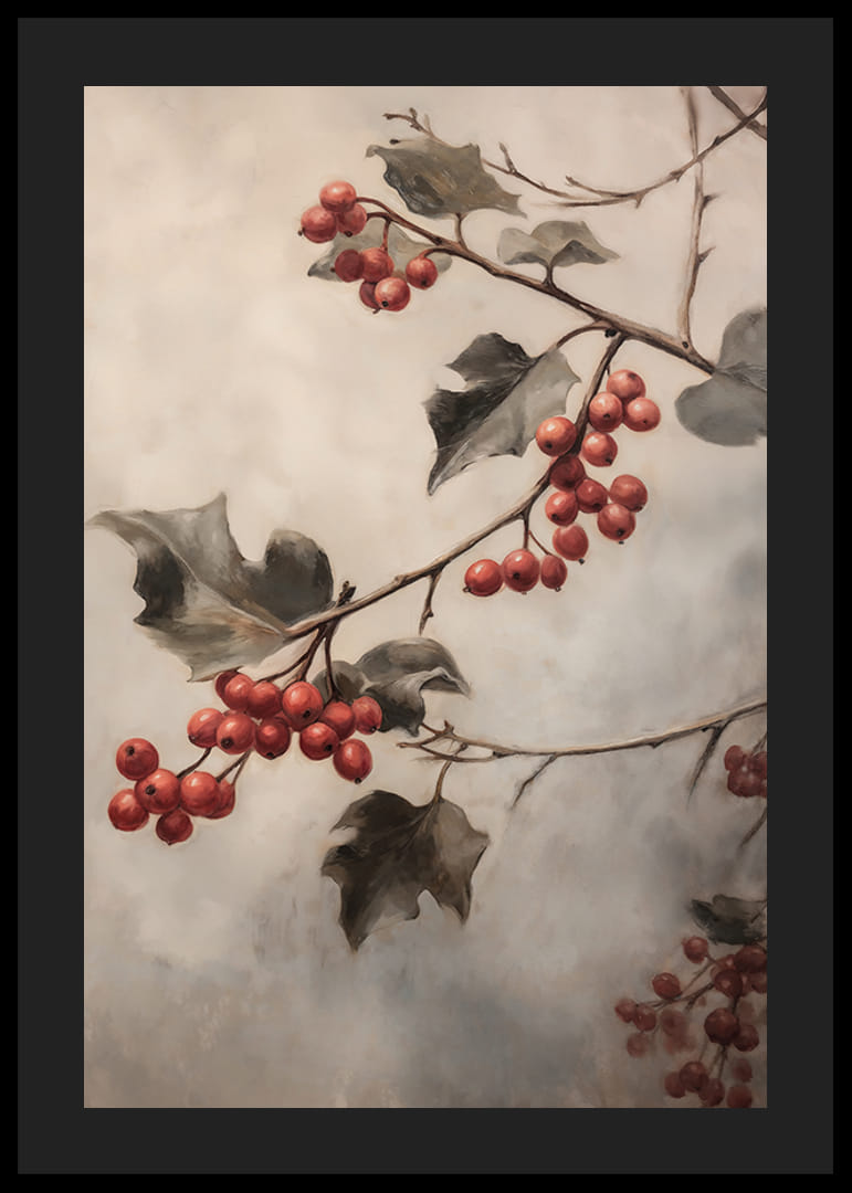 Egy téli poszter piros bogyós gyümölcsök gallyakkal és zöld levelekkel ködös háttér előtt.-12