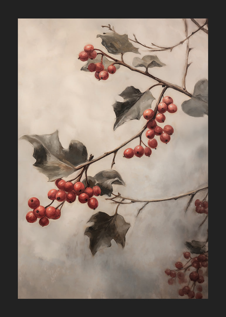 A winter poster with sprigs of red berries and green leaves against a misty background.-12