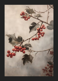 Egy téli poszter piros bogyós gyümölcsök gallyakkal és zöld levelekkel ködös háttér előtt.-5