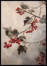 A winter poster with sprigs of red berries and green leaves against a misty background.-6