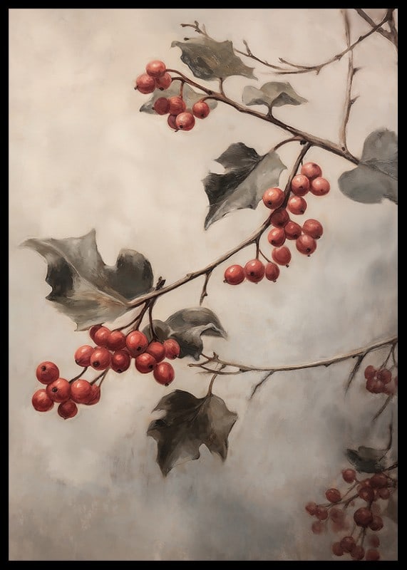 A winter poster with sprigs of red berries and green leaves against a misty background.-12