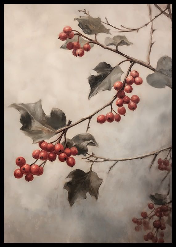 Un poster invernale con rametti di bacche rosse e foglie verdi su uno sfondo nebbioso.-12