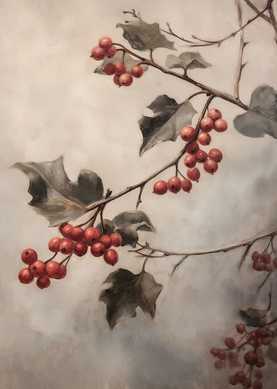 Un poster invernale con rametti di bacche rosse e foglie verdi su uno sfondo nebbioso.-12
