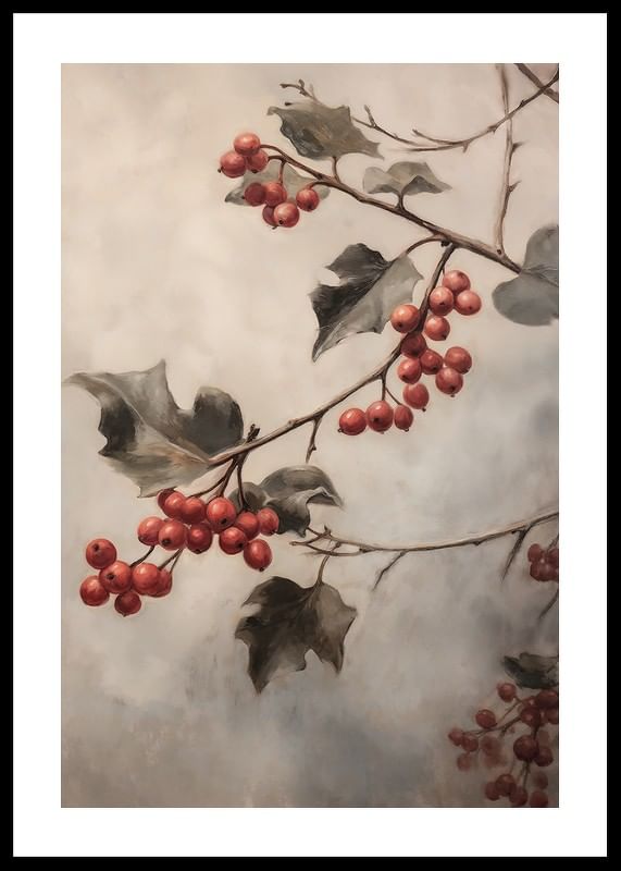 Un poster invernale con rametti di bacche rosse e foglie verdi su uno sfondo nebbioso.-12