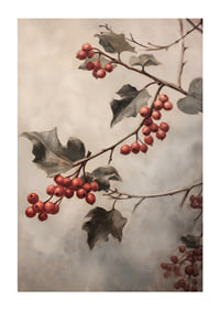 A winter poster with sprigs of red berries and green leaves against a misty background.-1