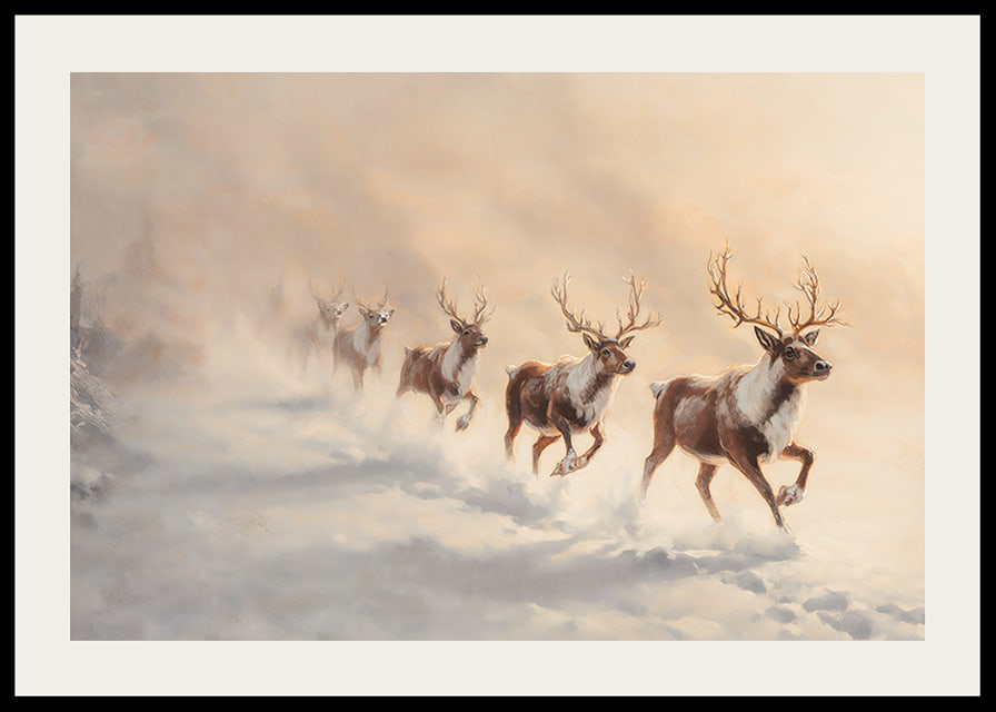 En vinterposter med en flock renar som springer genom snön i ett landskap.-12