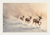 En vinterposter med en flock renar som springer genom snön i ett landskap.-3