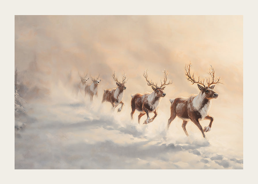 En vinterposter med en flock renar som springer genom snön i ett landskap.-12