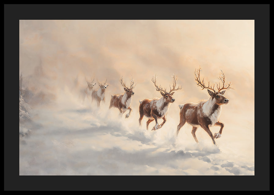 En vinterposter med en flock renar som springer genom snön i ett landskap.-12