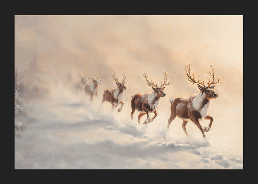 En vinterposter med en flock renar som springer genom snön i ett landskap.-12