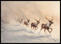 En vinterposter med en flock renar som springer genom snön i ett landskap.-6