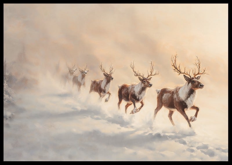 En vinterposter med en flock renar som springer genom snön i ett landskap.-12