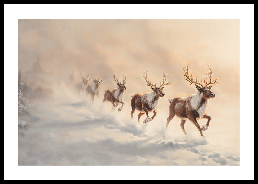 En vinterposter med en flock renar som springer genom snön i ett landskap.-12