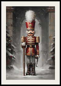 En juleplakat med en statelig Nøddeknækker i rød uniform omgivet af snedækkede grantræer.-2