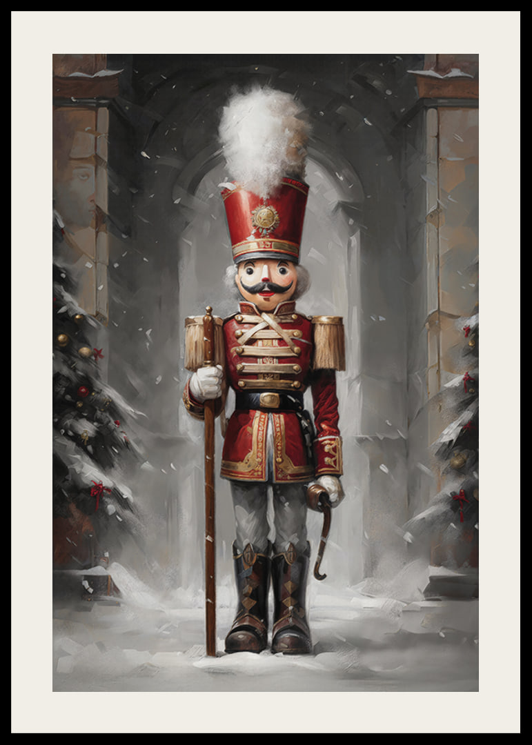 En juleplakat med en statelig Nøddeknækker i rød uniform omgivet af snedækkede grantræer.-12
