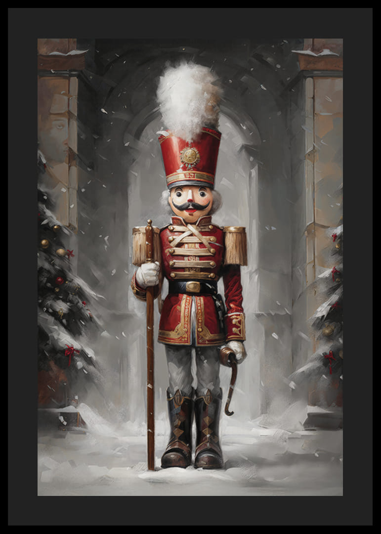 Un cartel navideño que muestra un majestuoso Cascanueces con un uniforme rojo rodeado de abetos cubiertos de nieve.-12