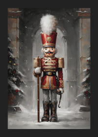 Un cartel navideño que muestra un majestuoso Cascanueces con un uniforme rojo rodeado de abetos cubiertos de nieve.-5