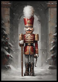 En juleplakat med en statelig Nøddeknækker i rød uniform omgivet af snedækkede grantræer.-6
