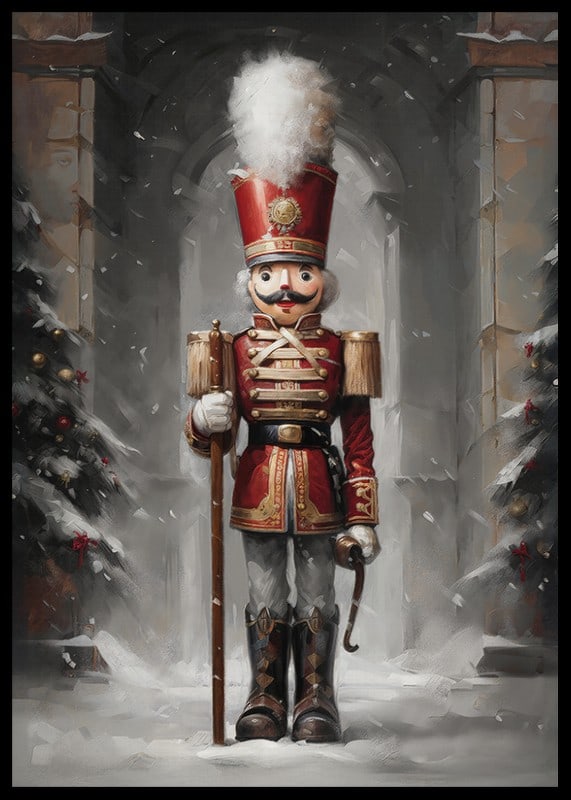 En juleplakat med en statelig Nøddeknækker i rød uniform omgivet af snedækkede grantræer.-12