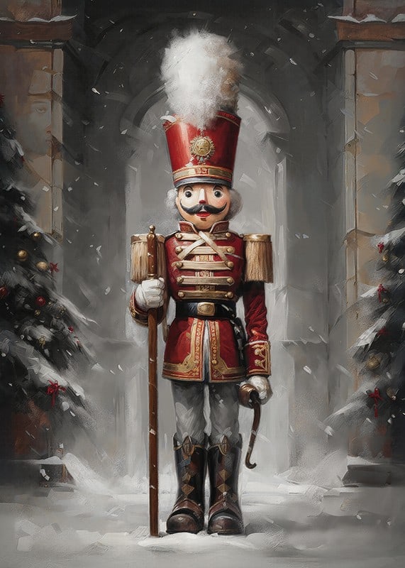 En juleplakat med en statelig Nøddeknækker i rød uniform omgivet af snedækkede grantræer.-12