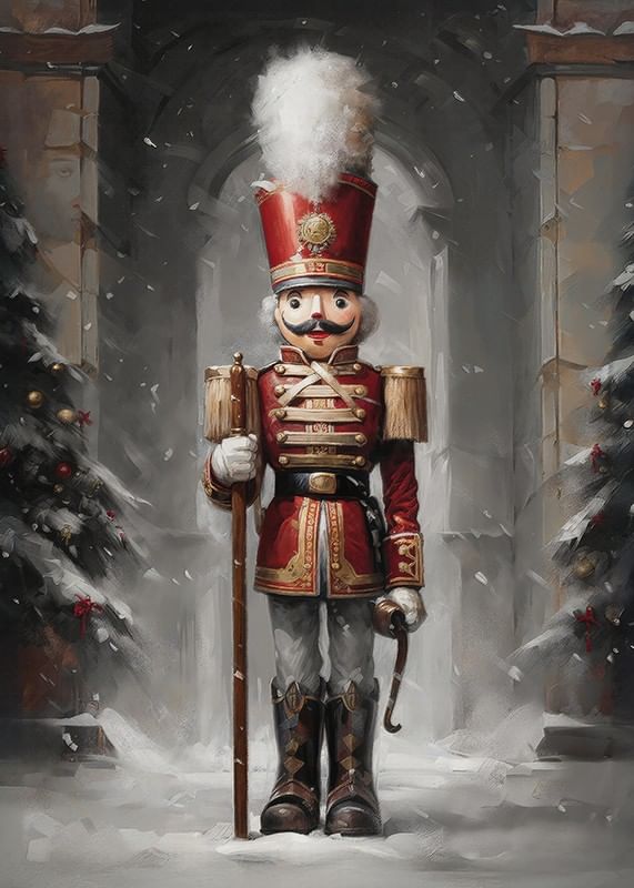 Um cartaz de Natal com um imponente Quebra-Nozes com um uniforme vermelho rodeado por abetos cobertos de neve.-12