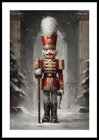 En juleplakat med en statelig Nøddeknækker i rød uniform omgivet af snedækkede grantræer.-0