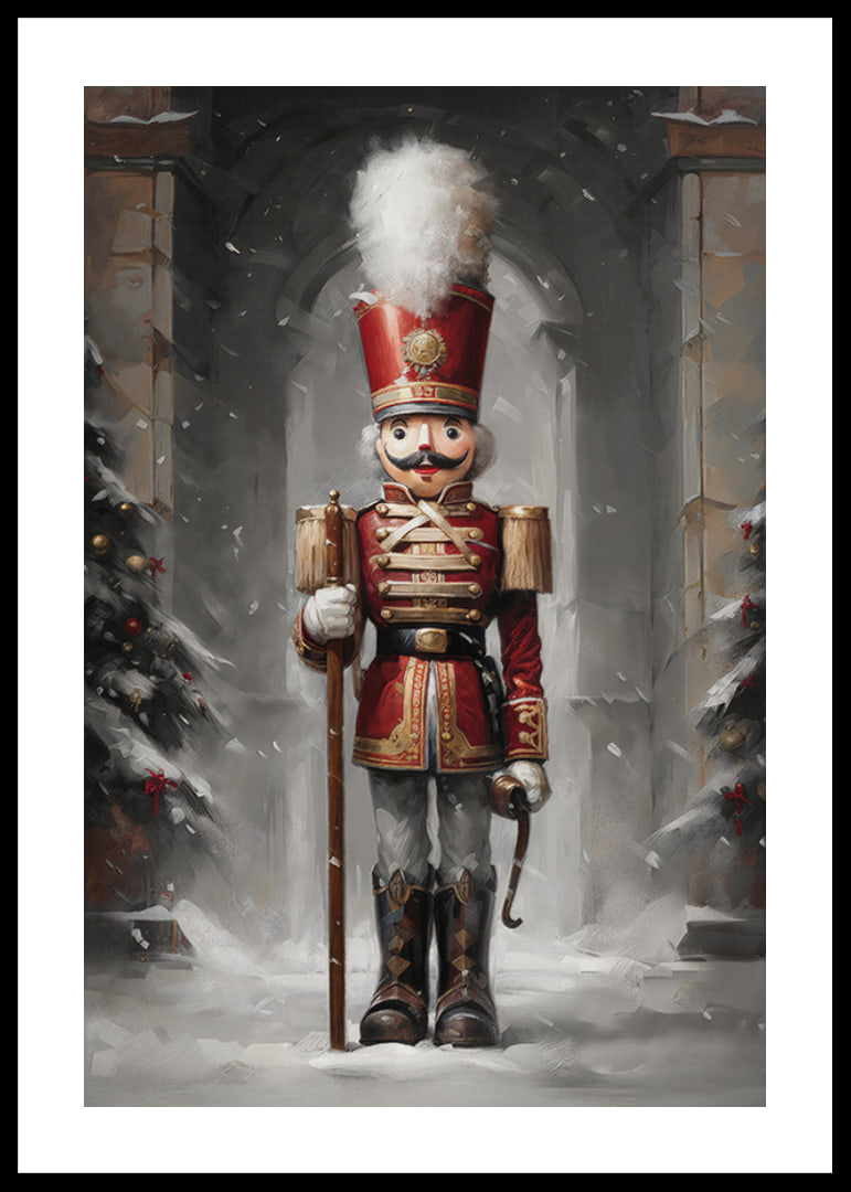 En juleplakat med en statelig Nøddeknækker i rød uniform omgivet af snedækkede grantræer.-12