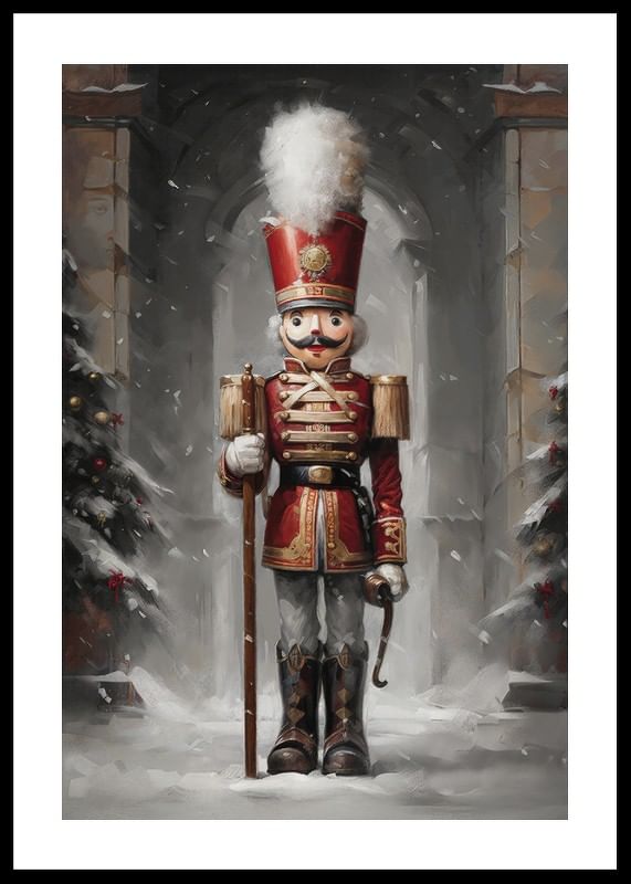 Um cartaz de Natal com um imponente Quebra-Nozes com um uniforme vermelho rodeado por abetos cobertos de neve.-12