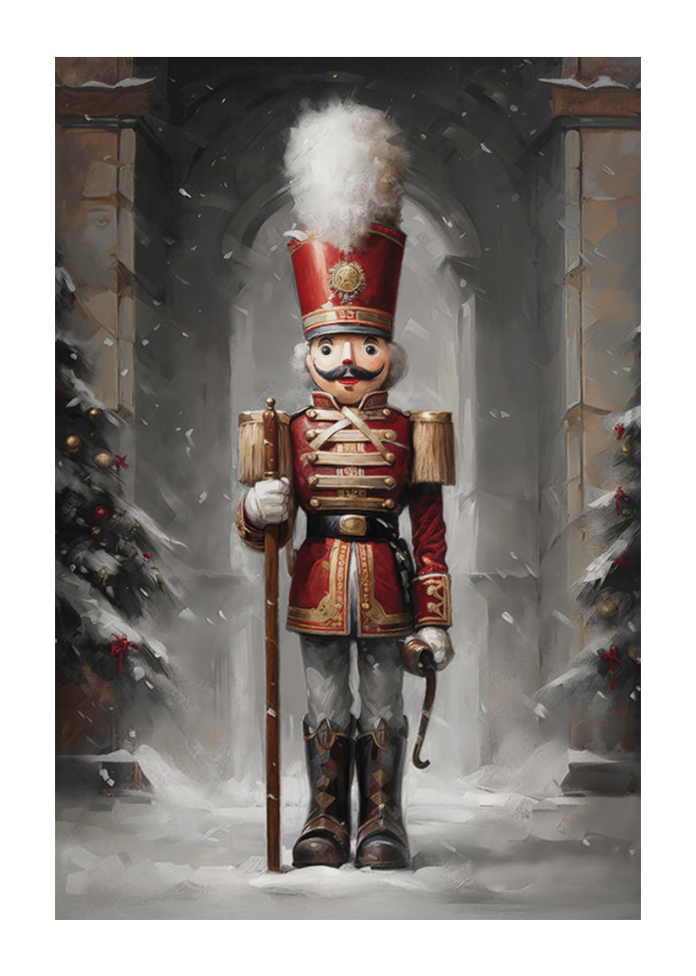 En juleplakat med en statelig Nøddeknækker i rød uniform omgivet af snedækkede grantræer.-12