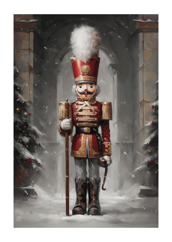 Um cartaz de Natal com um imponente Quebra-Nozes com um uniforme vermelho rodeado por abetos cobertos de neve.-12