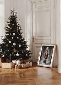 En juleplakat med en statelig Nøddeknækker i rød uniform omgivet af snedækkede grantræer.-8