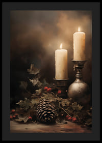 Un afiș de Crăciun cu lumânări aprinse, conuri de brad și ilice care răspândește căldură și liniște.-0