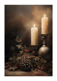 Un afiș de Crăciun cu lumânări aprinse, conuri de brad și ilice care răspândește căldură și liniște.-3