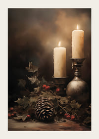 Un afiș de Crăciun cu lumânări aprinse, conuri de brad și ilice care răspândește căldură și liniște.-5