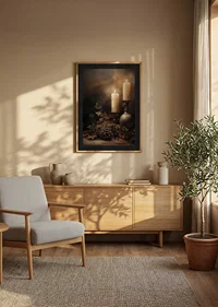 En julposter med tända ljus, grankottar och järnek som sprider värme och ro.-8
